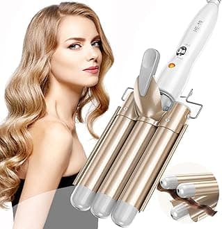 Three Barrel Hair Waver 25MM Big Wave Hair Curling Iron Wand with Two Speed Temperature Control, Ceramic Tourmaline Triple Barrels, Dual Voltage Crimp, Gold