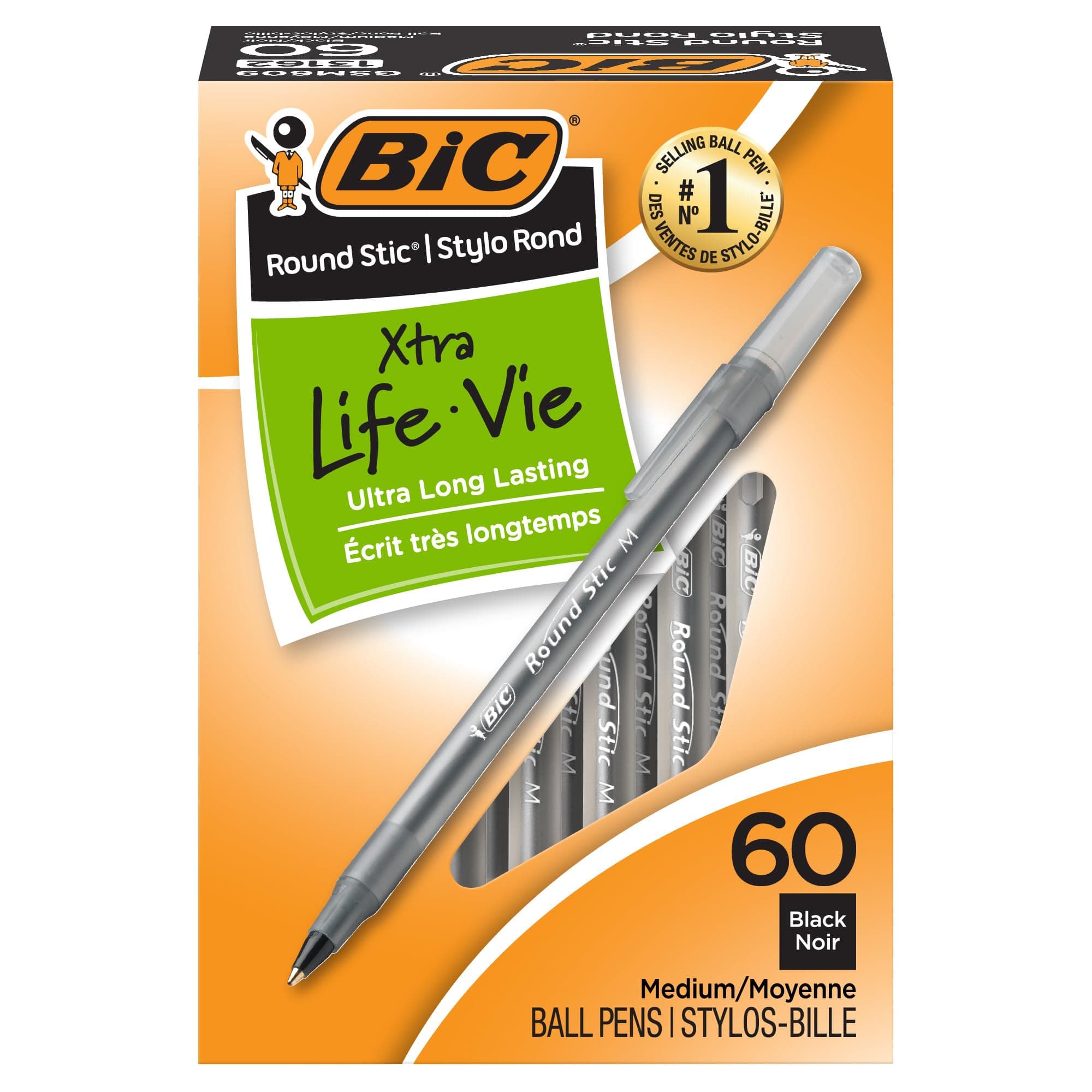 BIC Round Stic Xtra Life Ballpoint Pens, Medium Point (1.0mm), Black, 60-Count Pack, Flexible Round Barrel For Writing Comfort (GSM609-BLK)