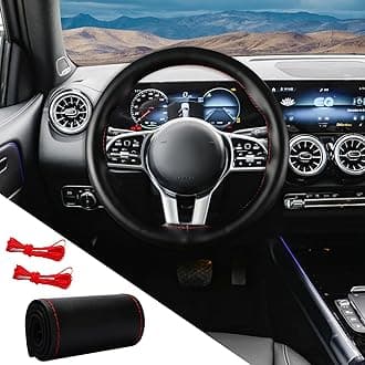Genuine Leather Steering Wheel Cover, Universal Car Steering Wheel Protector with Needle Thread, Breathable Anti-Slip Steering Wheel Cover for Max Diameter 15 Inch, DIY Stitch on Wrap (Black, Glossy)