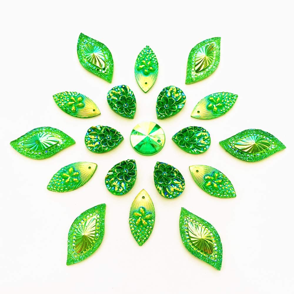 80 Big Flower AB Mixed Size Sew On Rhinestones Flatback Beads Stones Sewing for Clothing Wedding Dress Decorations 2 Holes (Green)