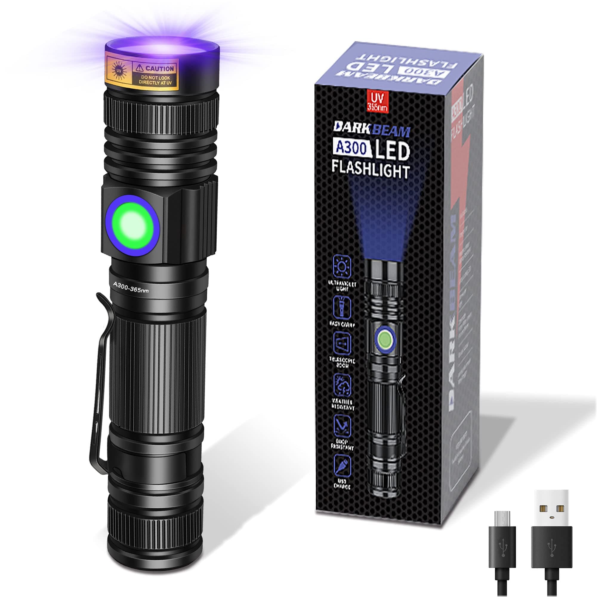DARKBEAM UV 365nm Flashlight Blacklight Rechargeable USB, Wood's lamp Handheld Ultraviolet Black Light LED Portable, Pet Urine Detector, Resin Curing, Anti-Counterfeit, Fluorescent Detection