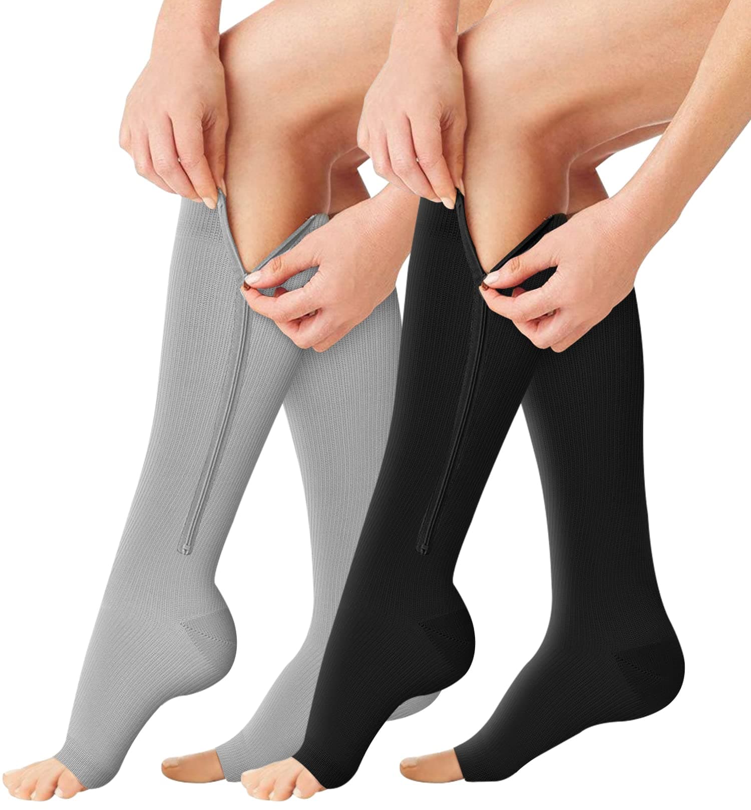 BLUEENJOY Zipper Compression Socks - 2 Pairs 15-20mmHg Open Toe Toeless Compression Socks for Women and Men