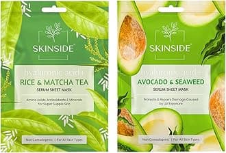 Serum Sheet Mask for Glowing Skin with Hyaluronic Acid | Face Mask Sheets Combo for | Hydrating | Tan & Blackheads Removal | Instant Brightening | Pore Reduction | Fairness | Skin Tightening (2, Rice & Matcha Tea | Avocado & Sea Weed)