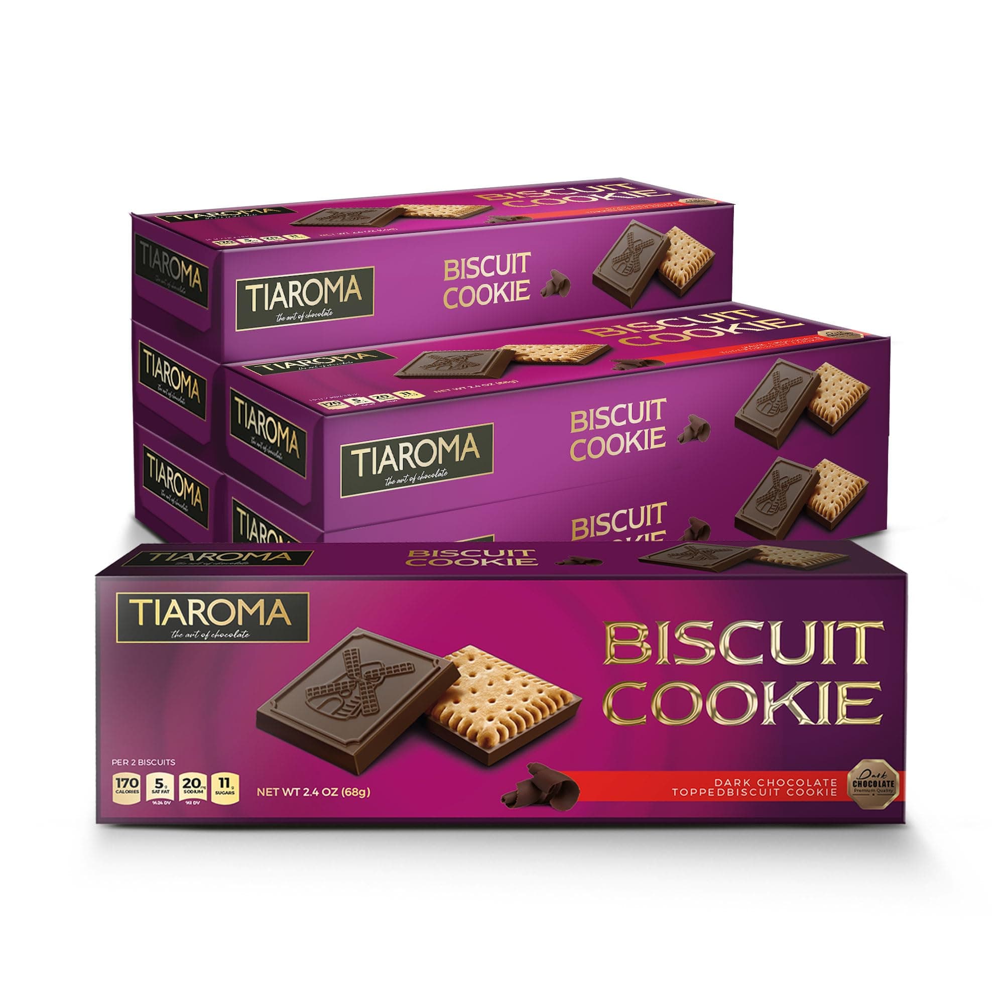 Tiaroma Dark Chocolate Covered Biscuit Cookie 6 Pack Easy to Eat Sweet Treat -%55 Cocoa Mass - Individually Boxed Snacks For Adults & Kids