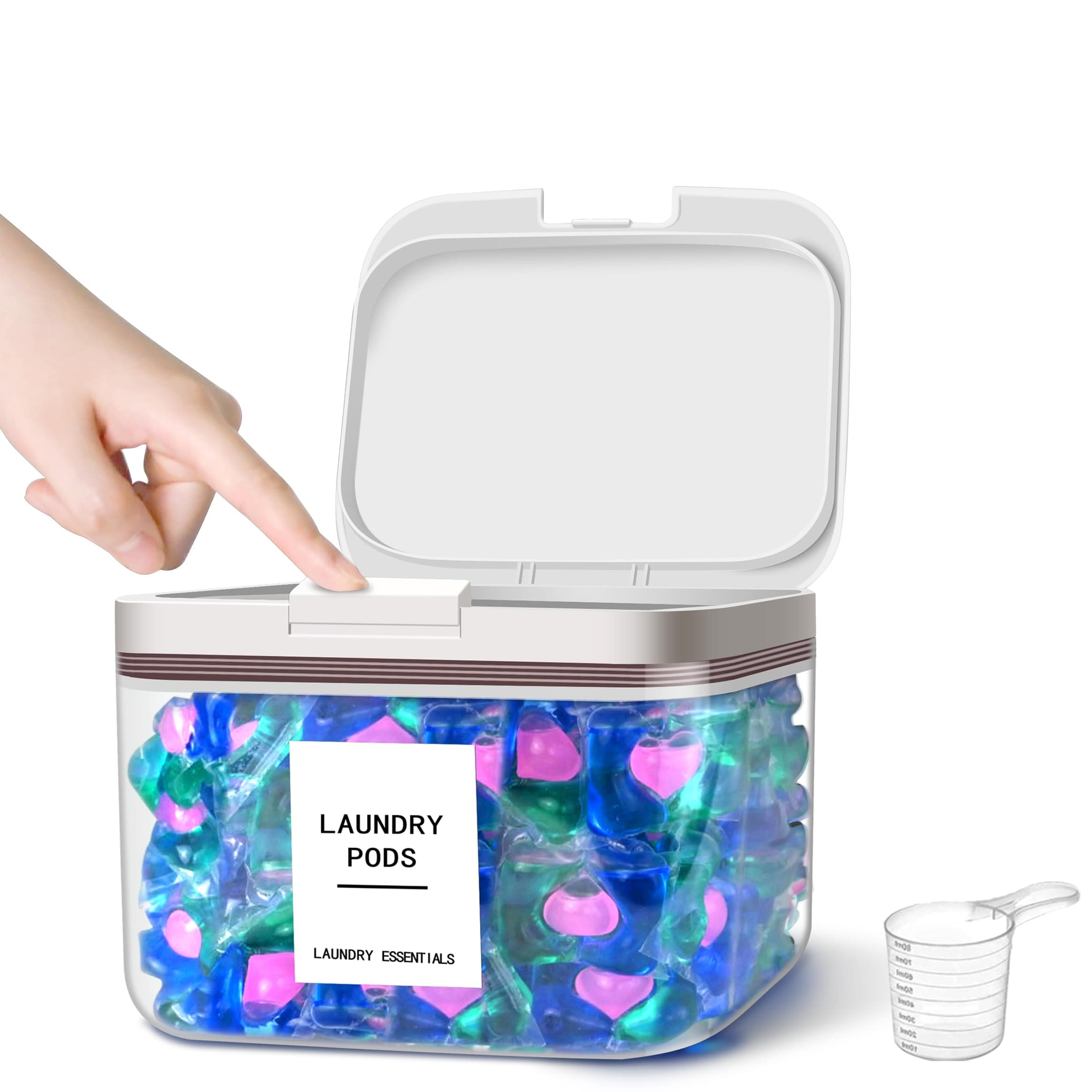 94oz/2.8L Laundry Pods Container for Room Organization, Pod Up Holder With 30 Labels and Scoop, Detergent Powder Container, Dryer Sheet Holder, 150 Pods