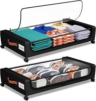 2 Pack Under Bed Storage with Wheels, 50L Large Capacity UnderBed Storage Containers with Clear Lid and Handles, Under the Bed Storage Bins Drawers, Closet Organizer for Clothes,Blankets,Shoes,Books