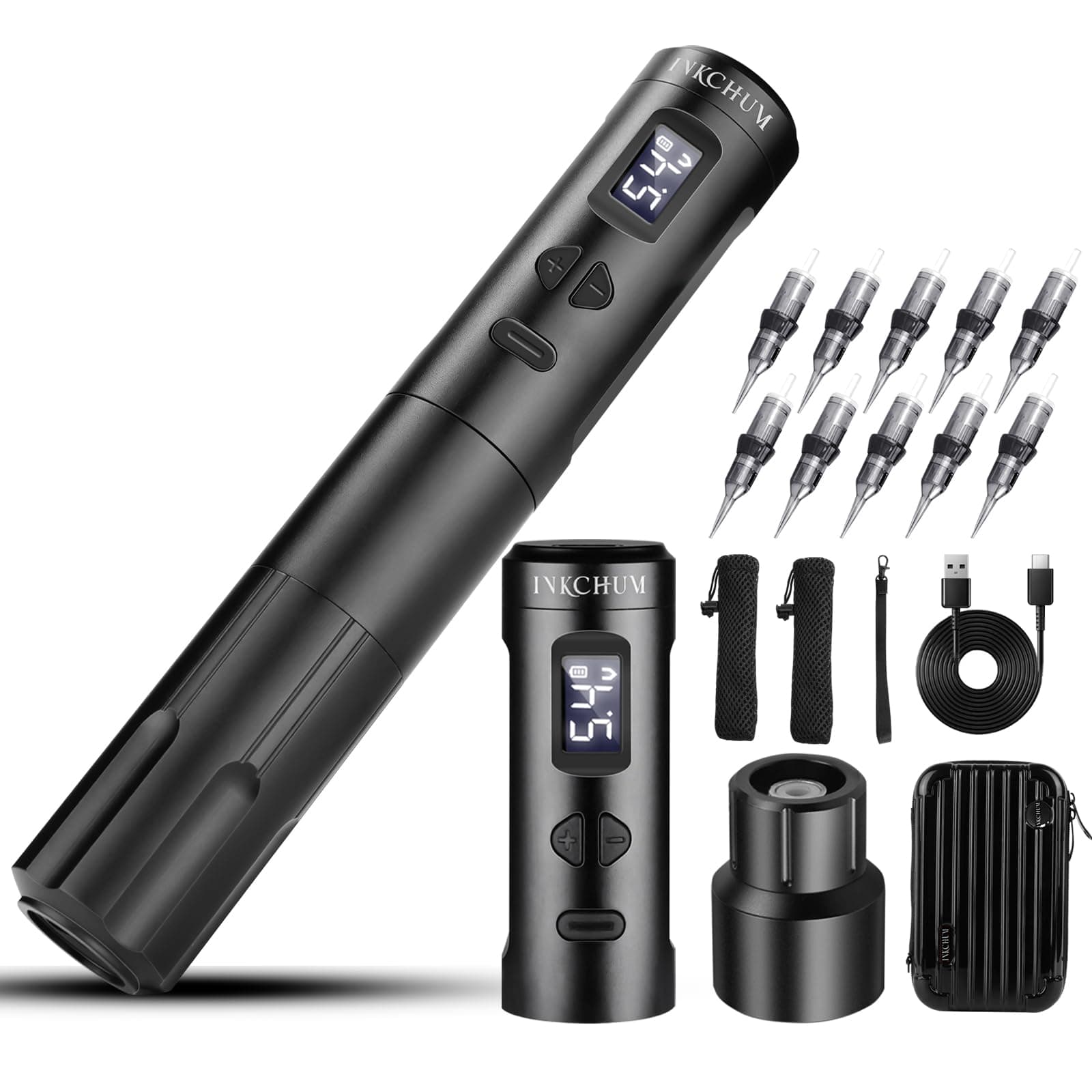 Wireless Tattoo Machine Rechargeable Tattoo Gun Pen, Permanent Makeup Machine with 2 Batteries OLED Display 10W Coreless Motor for Shading, Lining, Eyeliner, Eyebrow, Lips