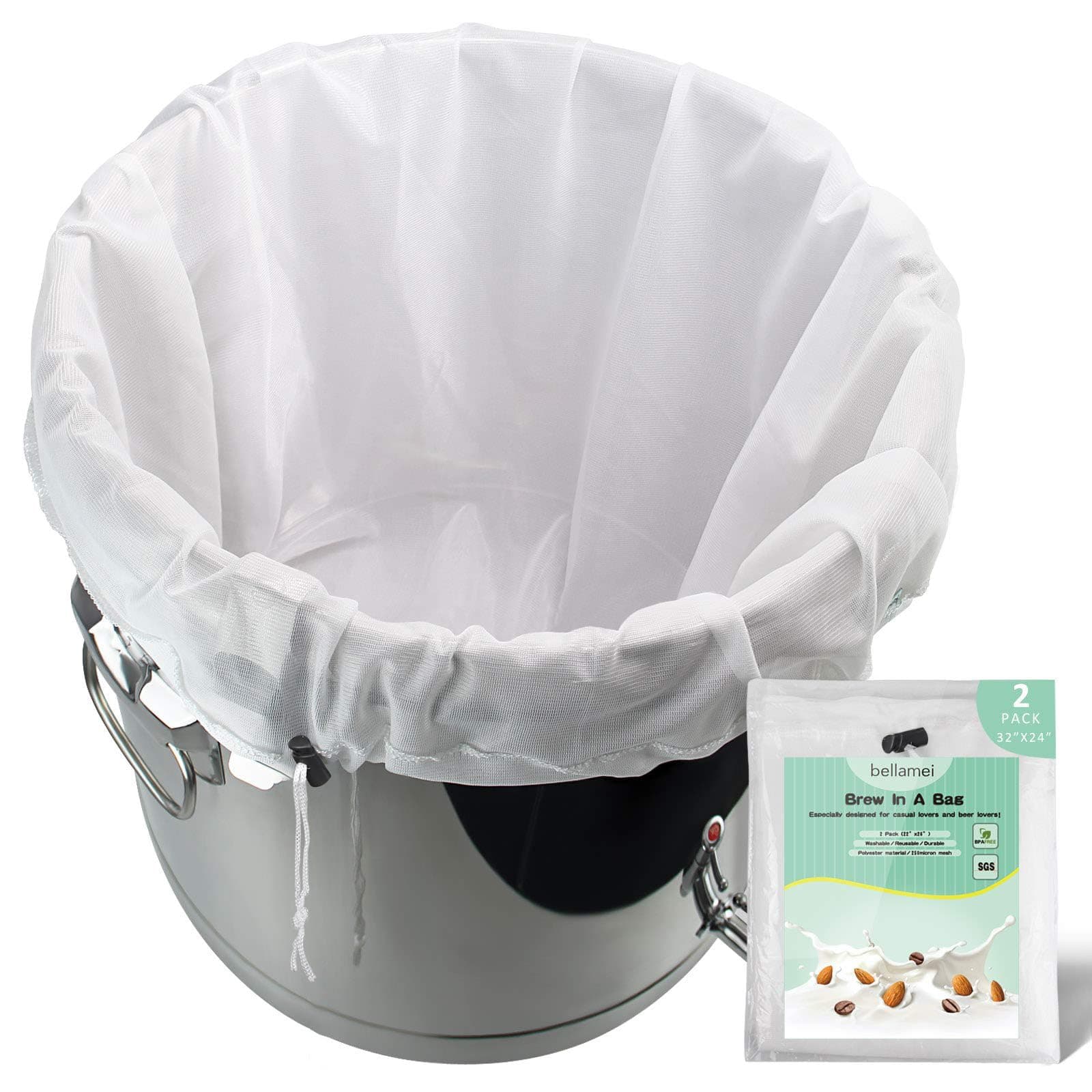 Brew Bags Reusable 2 Pack 250 Micron Fine Mesh Bag for Fruit Cider Apple Grape Wine Press Drawstring Straining Brew in a Bag (2 pack-24"×32")