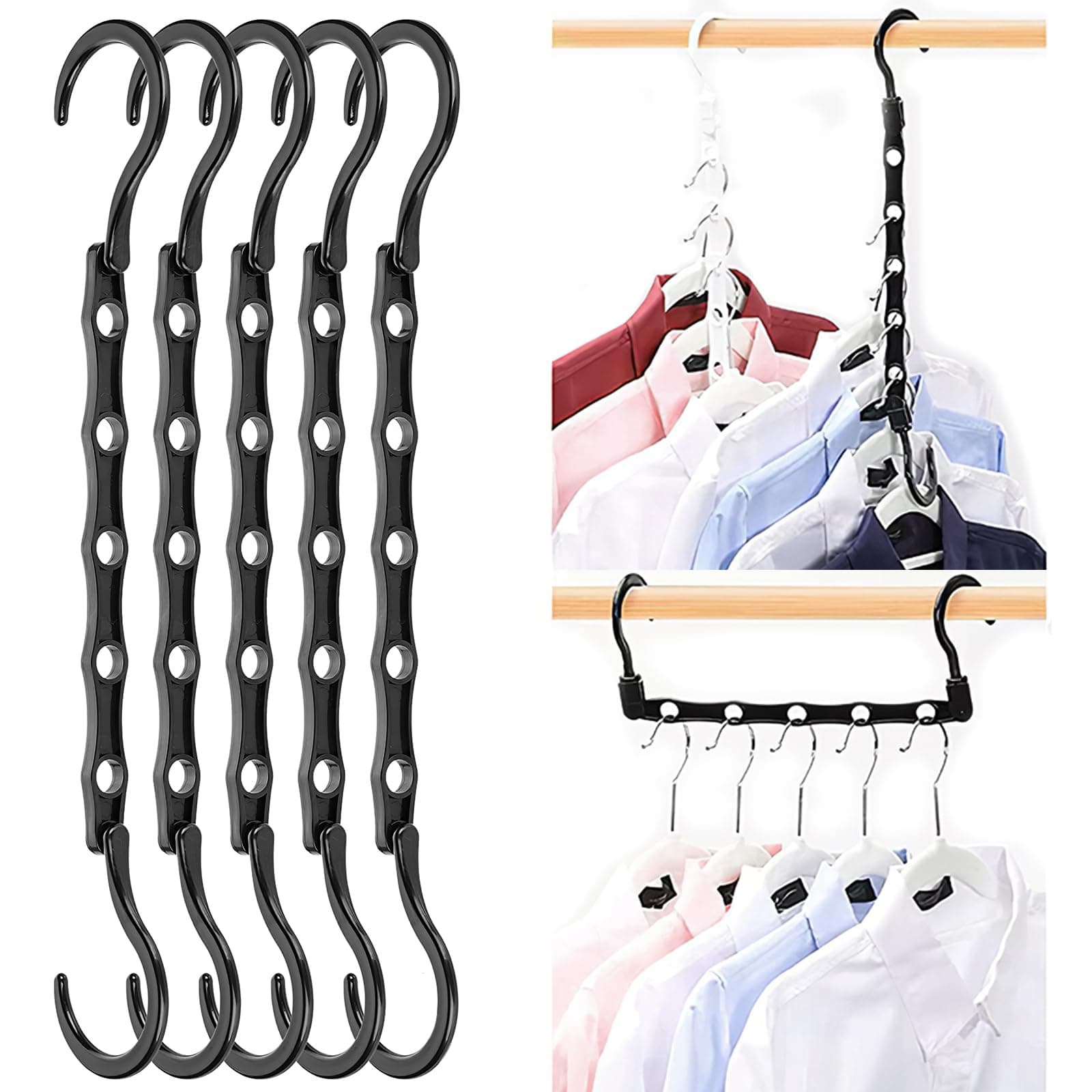 5 Pack Space Saving Hangers, Closet Organizers and Storage, Magic Sturdy Space Saver Storage Smart Plastic Clothes Black Hanger, Multiple Hangers in One, Apartment College Dorm Room Essentials