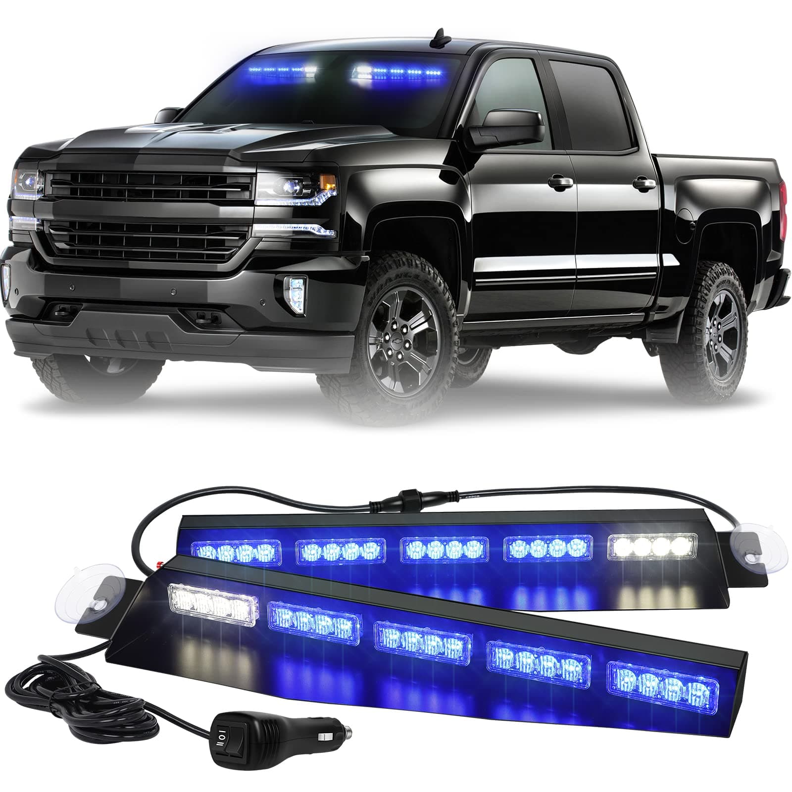 34 inch Blue Emergency Visor Lights Bar Interior Front Windshield Strobe Lights 40 LED Warning Safety Flashing Hazard Light w/White Take Down for firefighter Police Vehicles Trucks