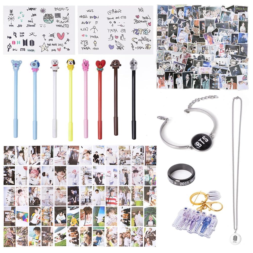 Fatyi BTS Gift Set for Army Pens, Lomo Cards,3D Stickers, Stickers, Wristband, Phone Stand, Keychain, Ring,Lanyard, Banner and Storage Bag