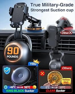 [True Military-Grade & 360° Rotatable Suction] 2026 YRU Ultimate Car Phone Holder Mount【90+LBS Safest Strongest & Patent Certs】Dashboard Windscreen Vent for iPhone 17 16 Pro Max Samsung, Matte Black