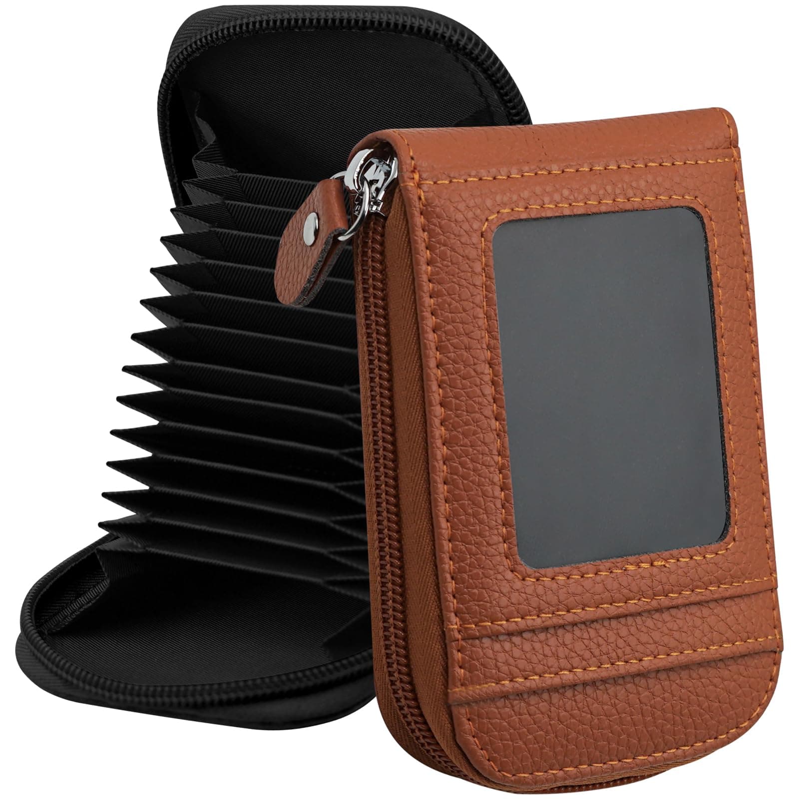 DKER Genuine Leather Mini Credit Card Case Organizer Compact Wallet with ID Window for Men And Women - 2 Pack Black+Brown