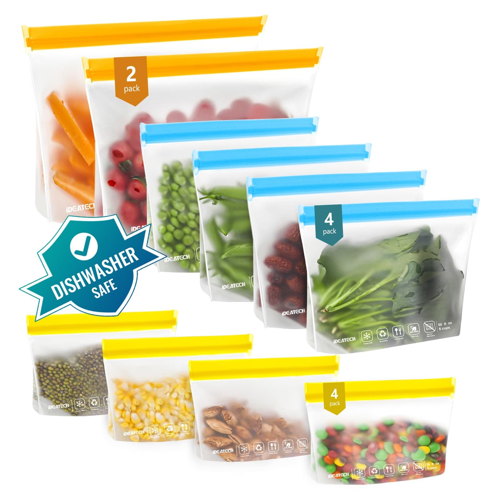 IDEATECH 12Pack Food Storage Bags Dishwasher Safe, BPA Free Reusable Snack Bags, Leakproof Reusable Gallon Freezer Bags for Lunch,Travel(2Gallon 4Quart 4Snack, Colored)