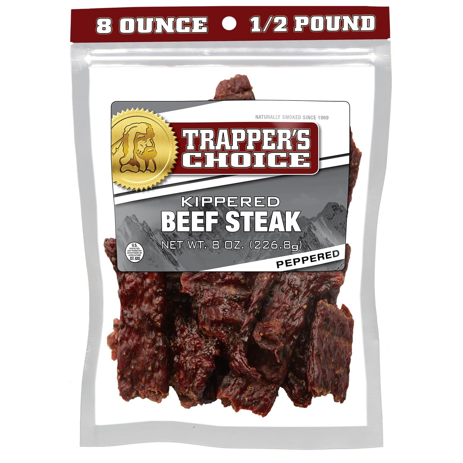 Old Trapper Trapper's Choice Kippered Beef Steak Traditional Style Real Wood Smoked Beef 100% Beef High Protein Pepper 8oz (Pack of 1)