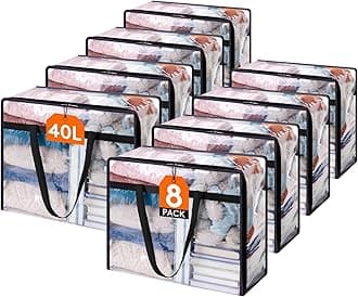 8 Pack Clear Clothes Storage Bags, 40L Plastic Blanket Storage Bag, Vinyl Foldable Moving Bags with Zipper, Closet Organizers and Storage Containers for Bedding, Duvet, Comforter