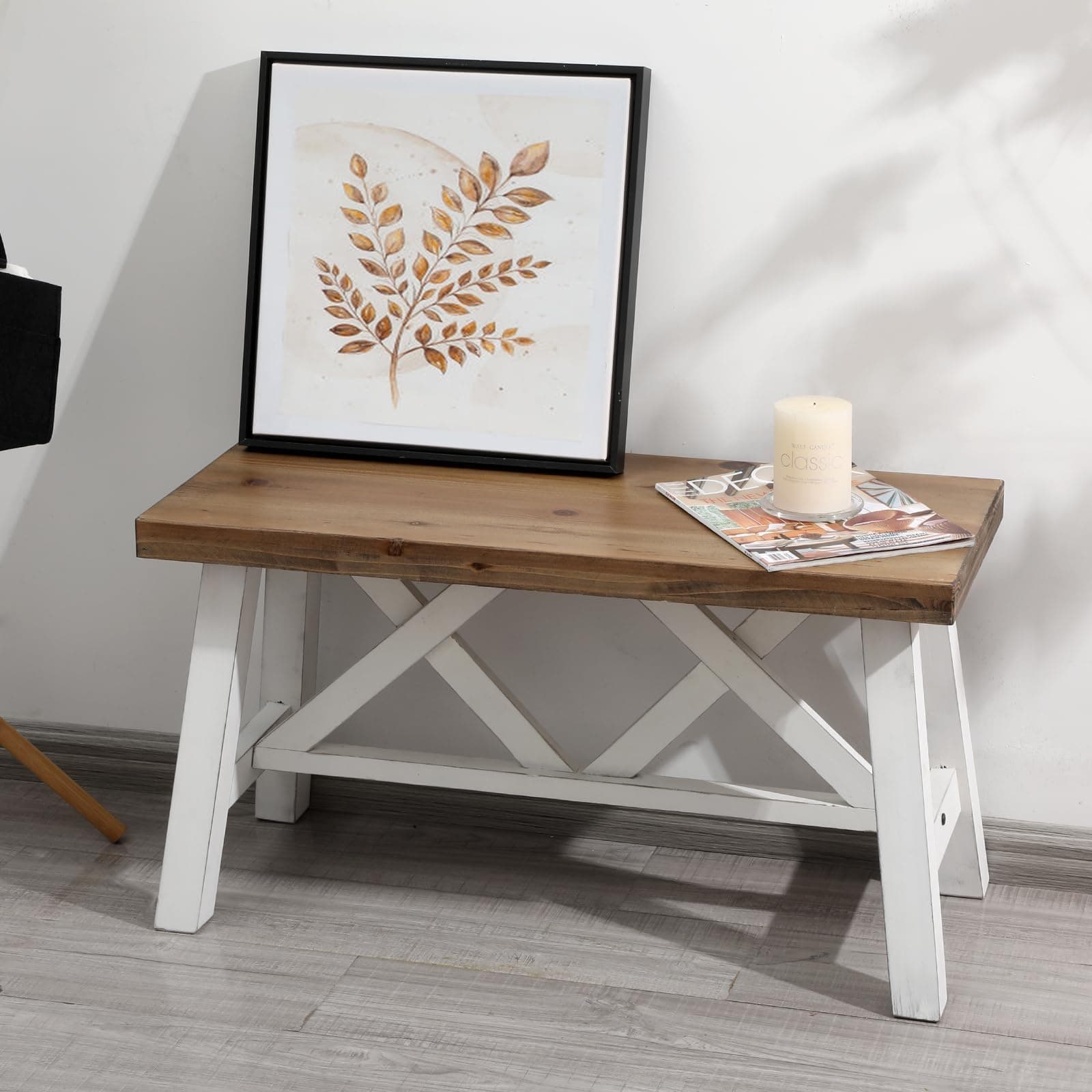 30" Farmhouse Wood Bench, Rustic Solid Wood Entryway Bench Seat with Double X-Structure for Dining Room, Living Room, Hallway, Structural Stability, White