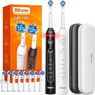 Rotating Electric Toothbrush 2 Packs for Adults with Pressure Sensor, Gifts for Men/Women, 5 Modes Rechargeable Power Toothbrush with 8 Brush Heads, Black & White, R2