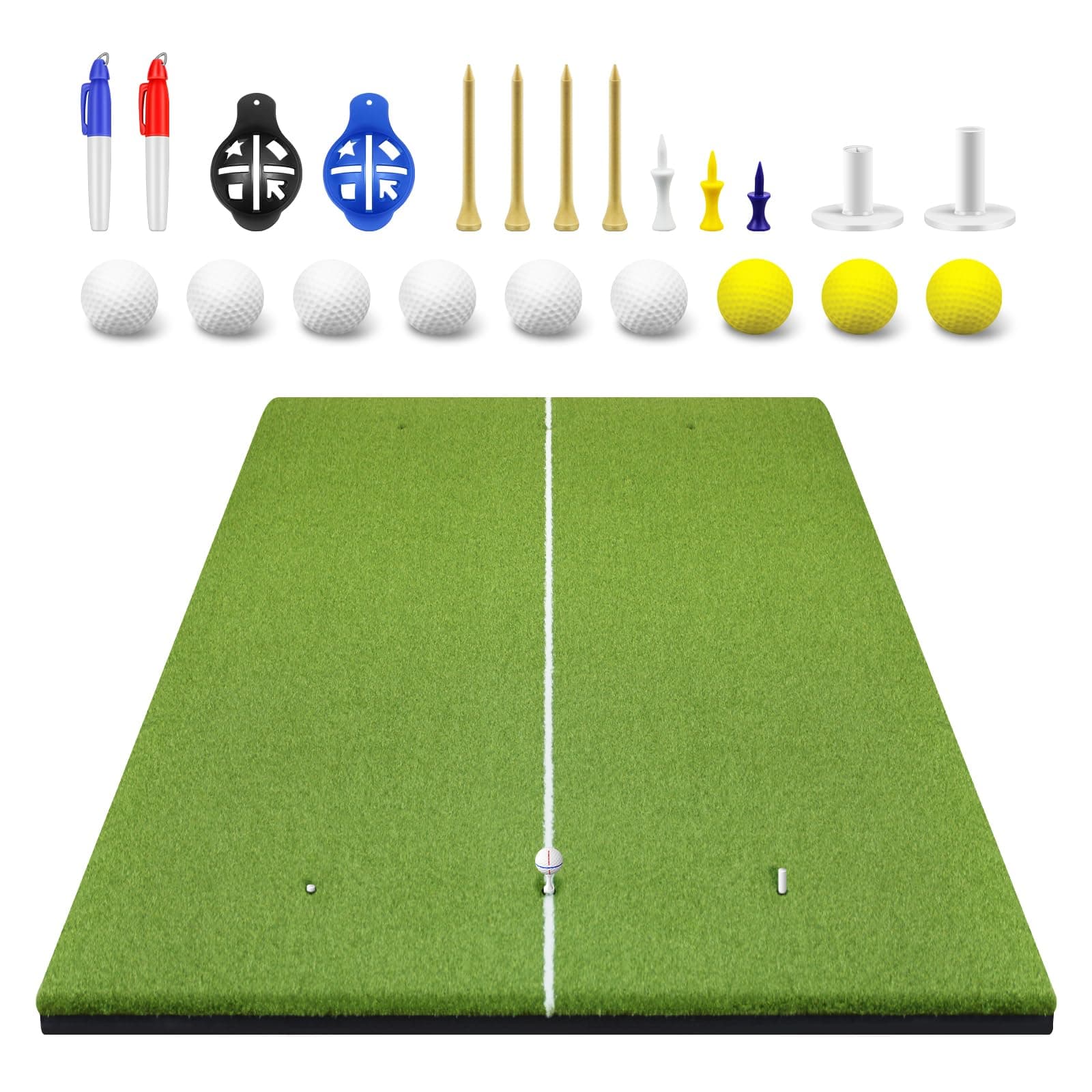 Flysocks 5x4 FT Golf Hitting Mat, 31MM Thicken Golf Practice Mat Artificial Turf Mat with 2 Rubber Tees, 9 Golf Balls, 7 Golf Tees, 2 Golf Ball Markers, Indoor & Outdoor Golf Training Swing Turf Mat