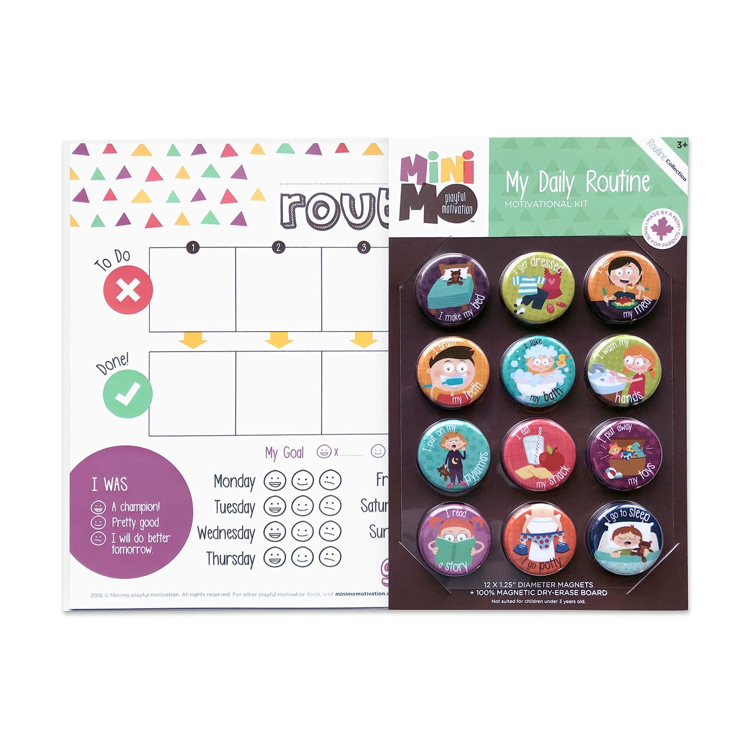 Minimo Motivation - My Daily Routine Magnetic Chore Chart for Kids and Toddlers - Dry-Erase Responsibility Chart for Kids - 12 Magnets Included - Good Behavior Reward Chart for Kids from Ages 3 to 10