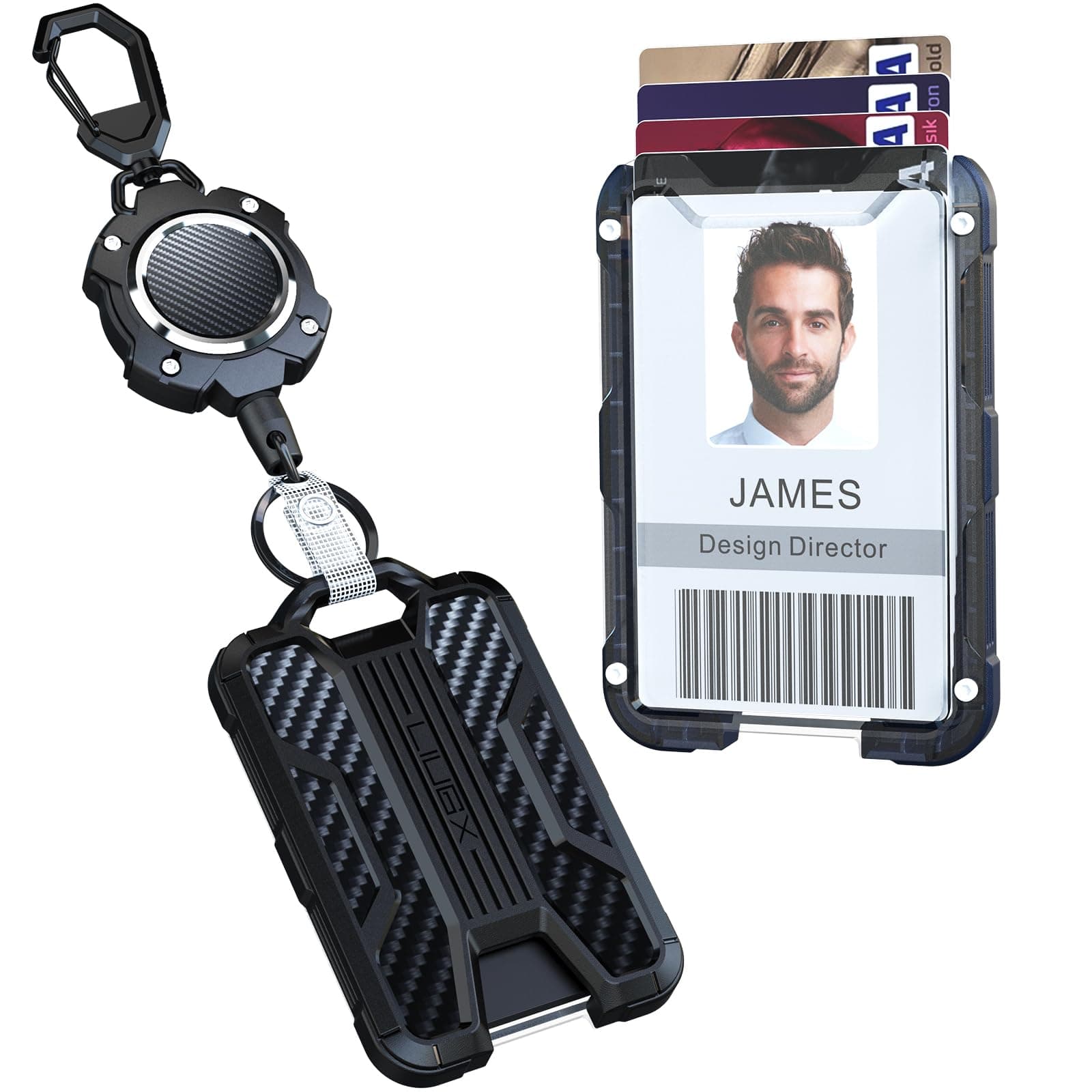 LIUGX Retractable Badge Holders, Heavy Duty Keychain, Carbon Fiber-Texture, Durable ID Card Holder (Holds 4 Cards), with 31.5” Retractable Badge Reel Key Chain, 10,000+ Rebound