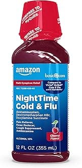 Amazon Basic Care Night Time Cold & Flu Liquid, Cherry, 12 Fl Oz (Pack of 1)