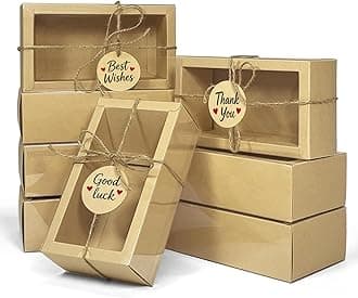 Corsiampoo 30 Pack Kraft Paper Cardboard Boxes with Clear Window, External size 6.5 x 6.5 x 2 inches, Gift Boxes with Blank Tags,Jute String and Raffia, Great for Jewelry, Candy, Cookie&Party Favor Wrapping