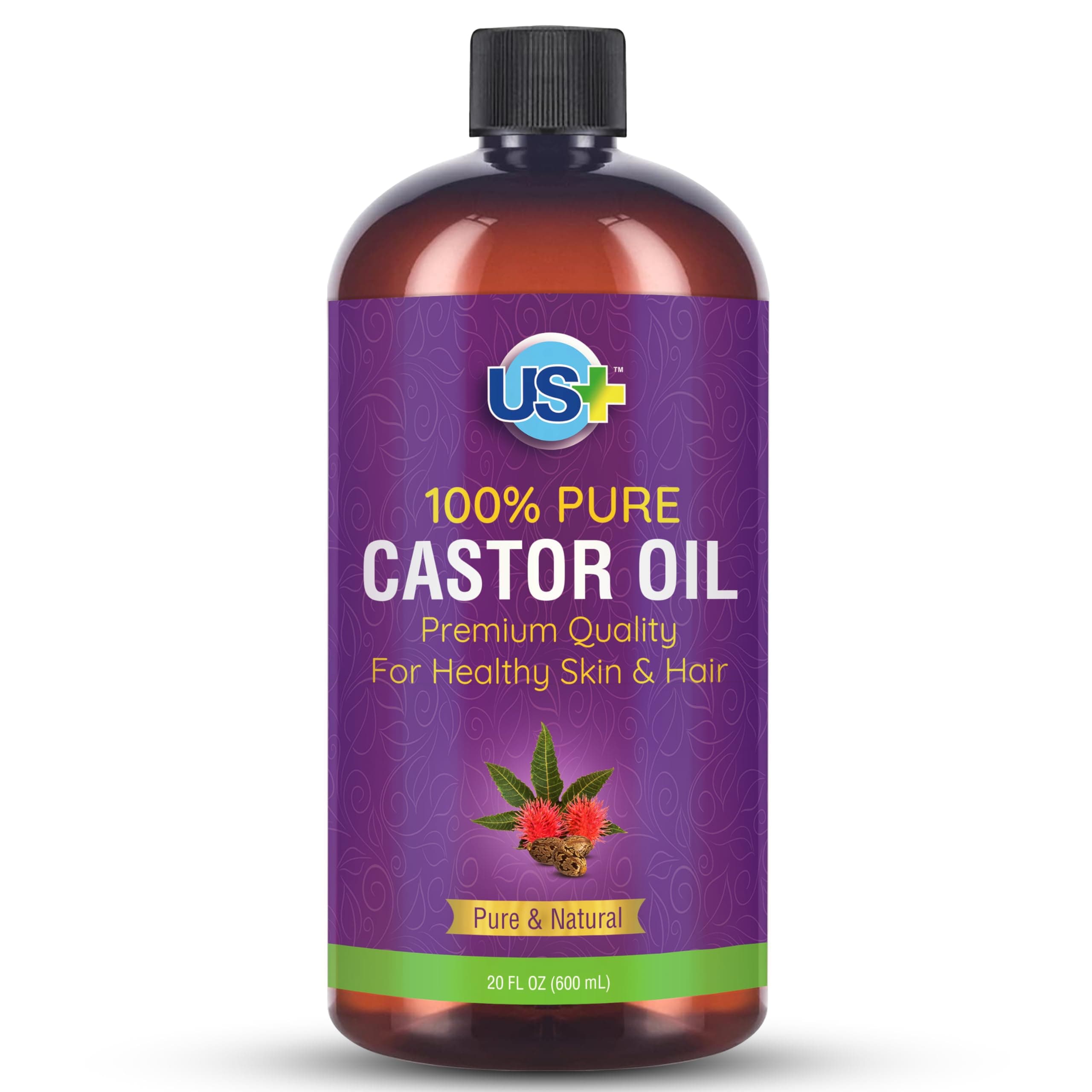 US+ 20oz 100% Pure Castor Oil - Cold-pressed, Unrefined, Hexane-free - BPA Free Plastic Bottle - USP Grade - Premium Quality for Healthy Skin & Hair