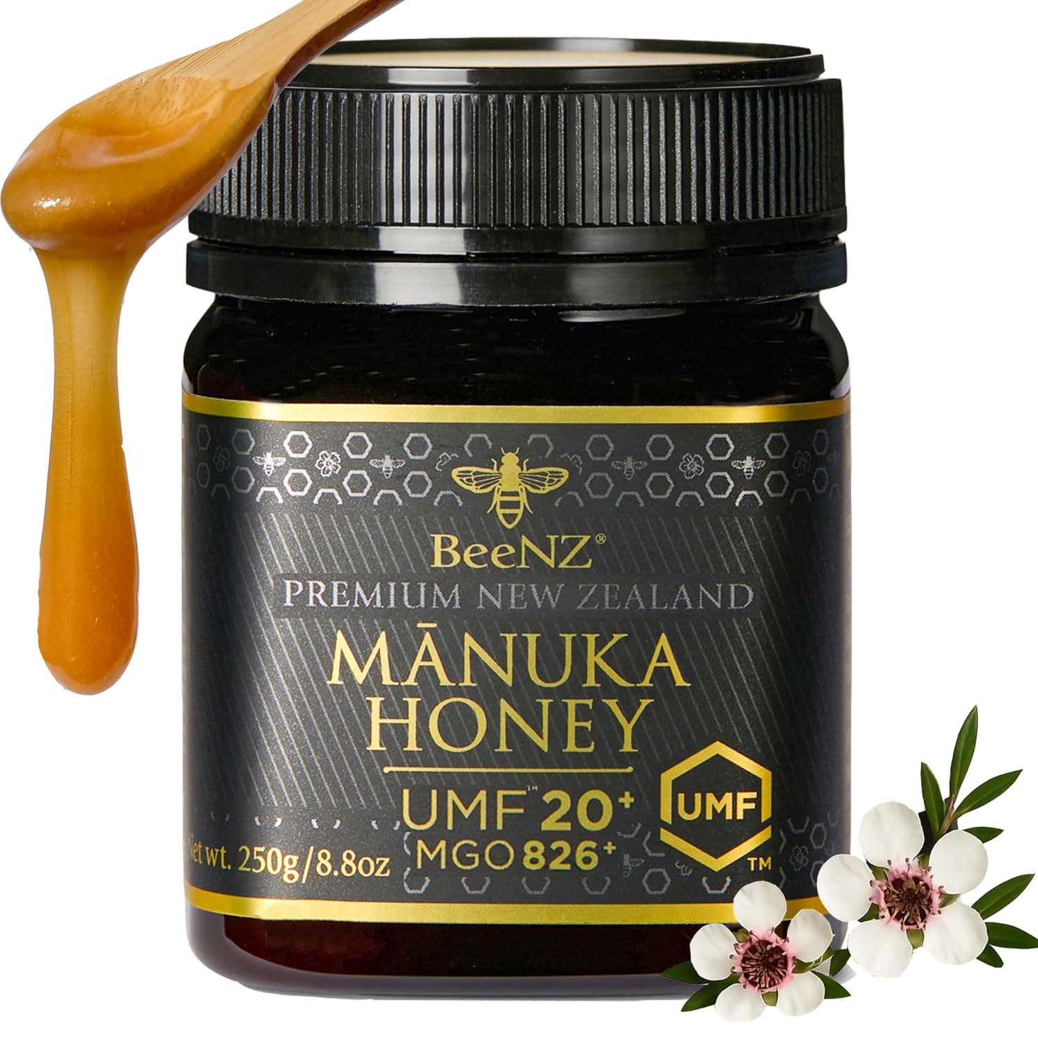 BeeNZ Raw Manuka Honey, Certified UMF 20+ (MGO 829+), Pure New Zealand Manuka, Natural Sweetener, Superfood Honey for Wellness Support, No Sugar Added, Traceable from Hive to Jar, 8.8 oz/250g