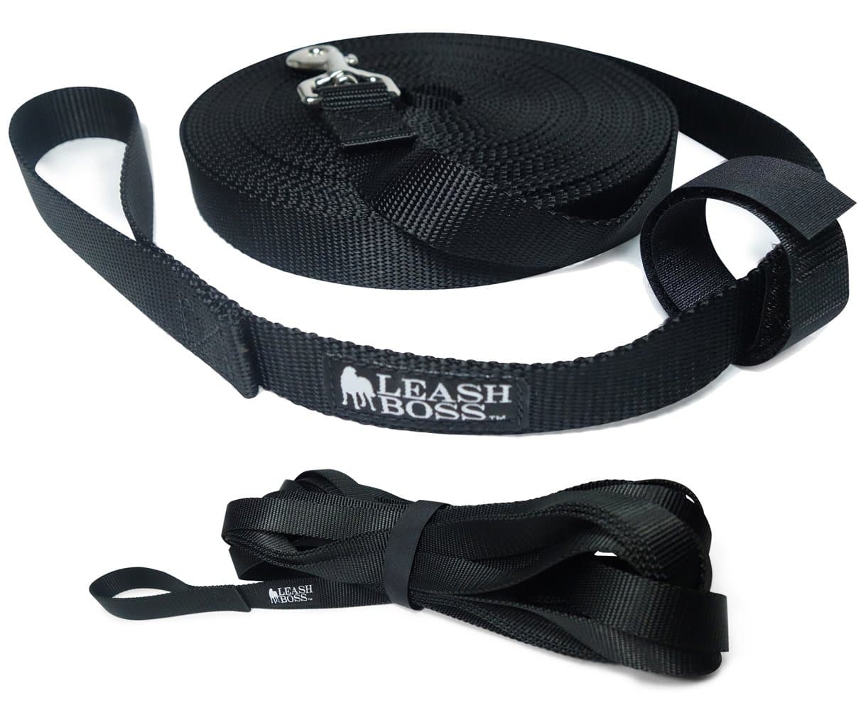 Leash Boss Long Trainer - 1 Inch Nylon Long Dog Training Leash with Storage Strap (15 Ft, Black)