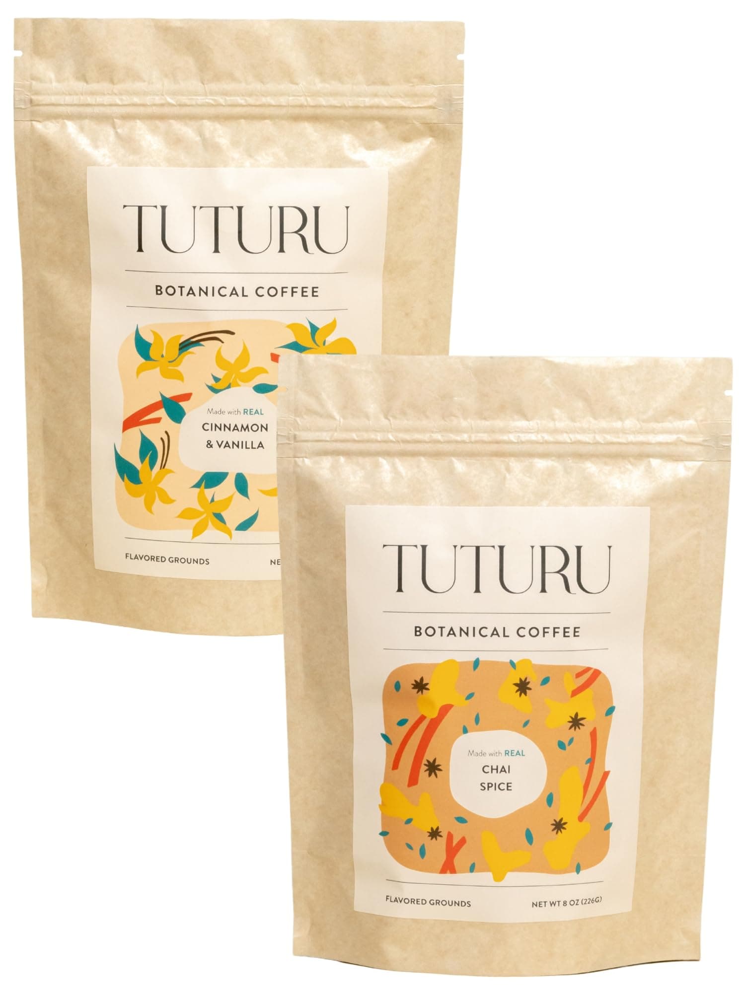 TUTURU Cinnamon Spice Ground Coffee Bundle | Real Cinnamon & Chai Spices | Medium Roast, Organic Coffee | 8oz Compostable