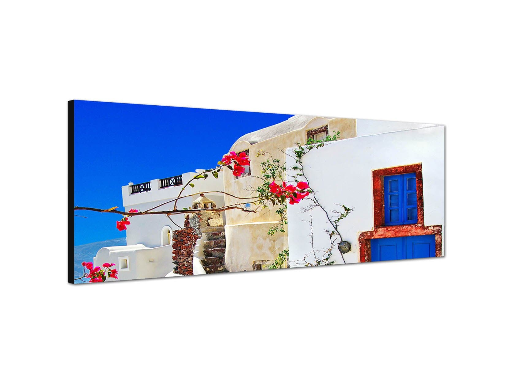 Wall Picture with Stretcher Frame 150 x 50 CM on Santorini Town House Flowers Summer