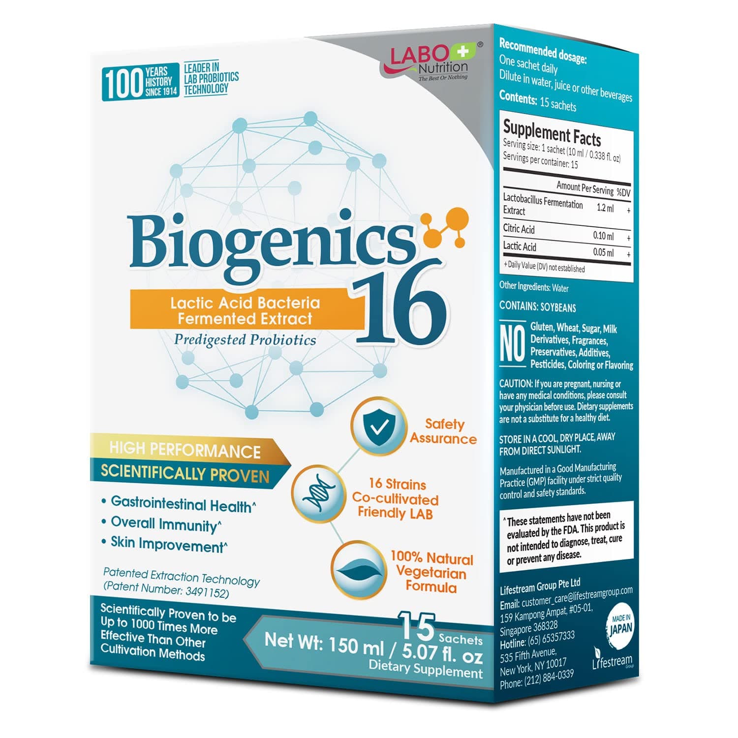 Biogenics 16–Lactic Acid Bacteria Fermented Extract, 1000x More Effective, Gut Health Support Beyond Probiotics & Prebiotics, Improve Intestinal Skin and Immune Health, 10mlx15 sachets