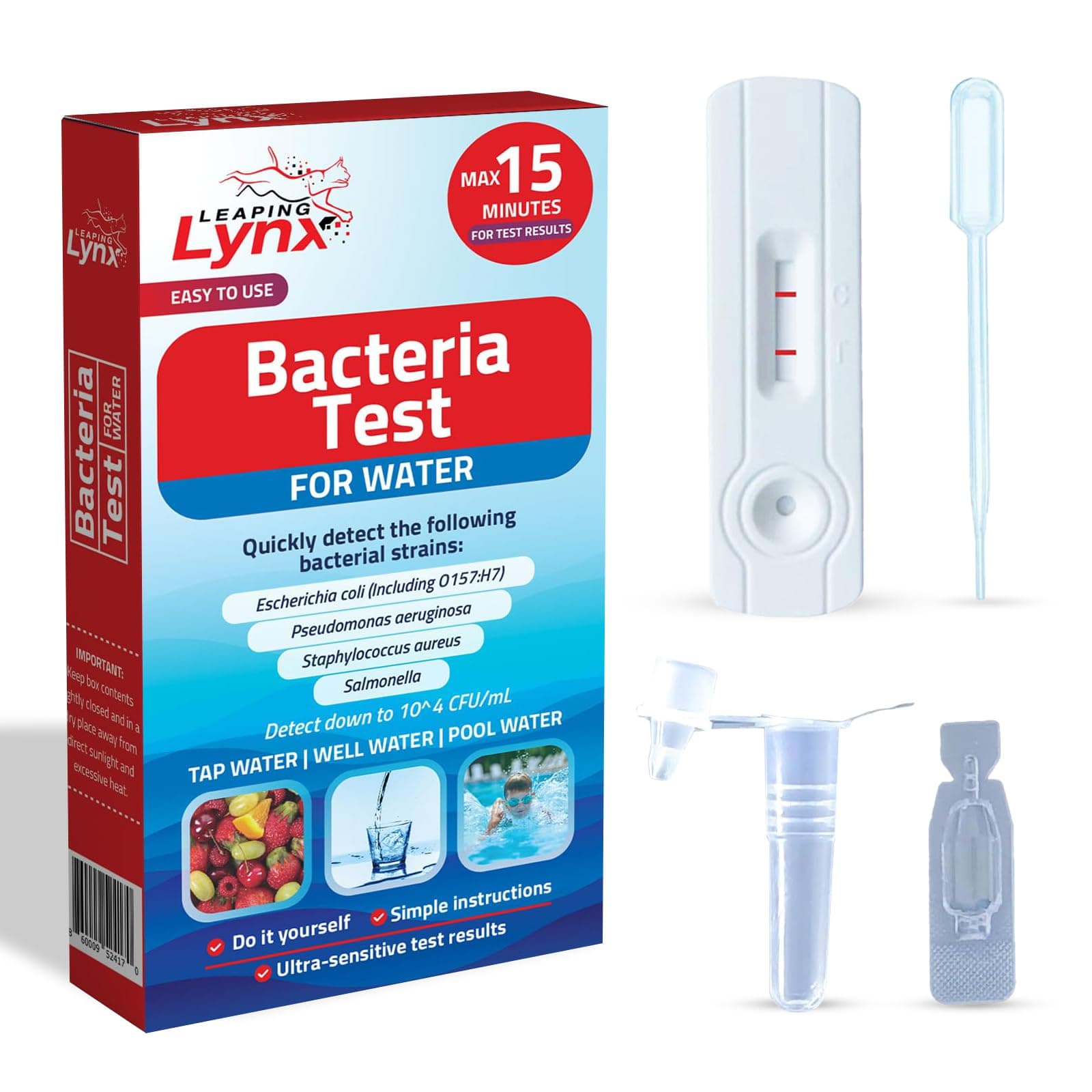 Bacteria Water Test Kit – Coliform, E. coli & Salmonella Detection for Well & Tap Water | Rapid Home Drinking Water Screening Kit with Lab-Quality Results | Leaping Lynx
