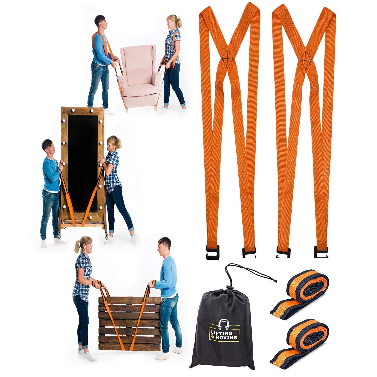 Moving and Lifting Straps with Handy Storage Bag - 2-Person Movers Heavy-Duty System Shoulder for Furniture, Appliances Carrying - 800 lbs Capacity