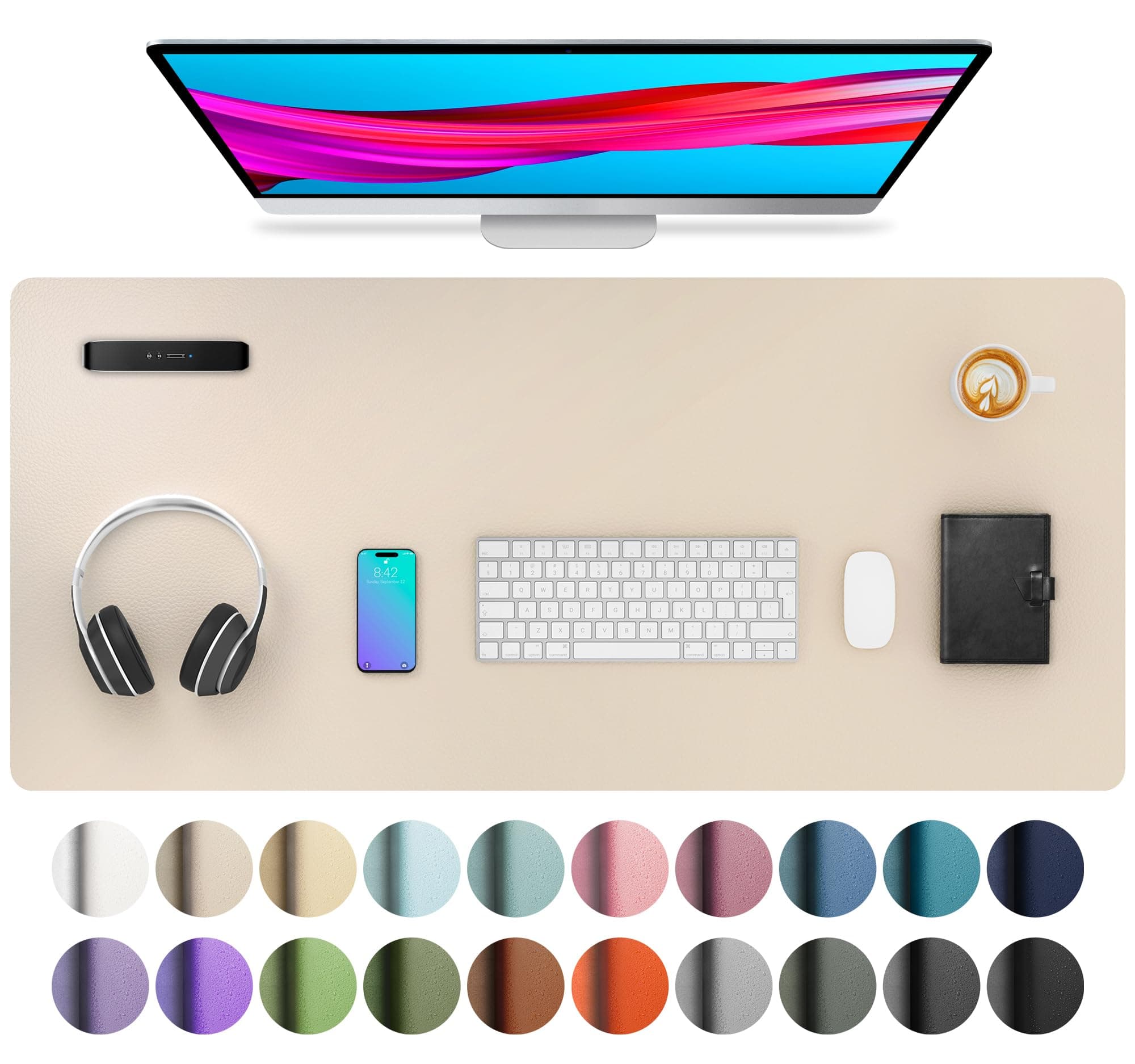 Aothia Leather Desk Pad Protector, Mouse Pad, Office Desk Mat, Non-Slip PU Leather Desk Blotter, Laptop Desk Pad, Waterproof Desk Writing Pad for Office and Home (Beige, 36" x 17")