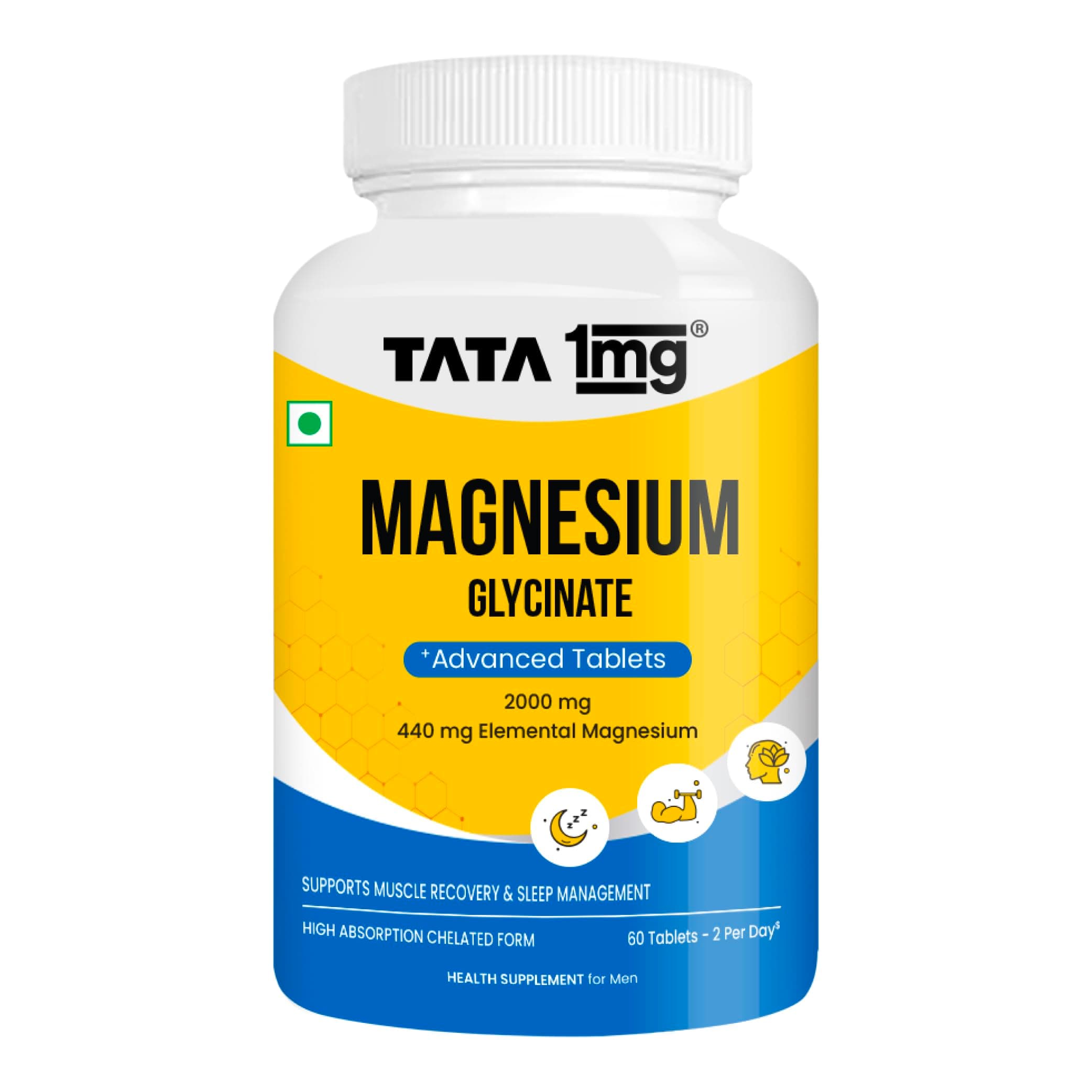 Tata 1mg Magnesium Glycinate Tablets |2000mg | High Absorption Chelated form for Muscle Recovery, Sleep & Nerve Health | 2000mg Per Serving – 60 Veg Tablets