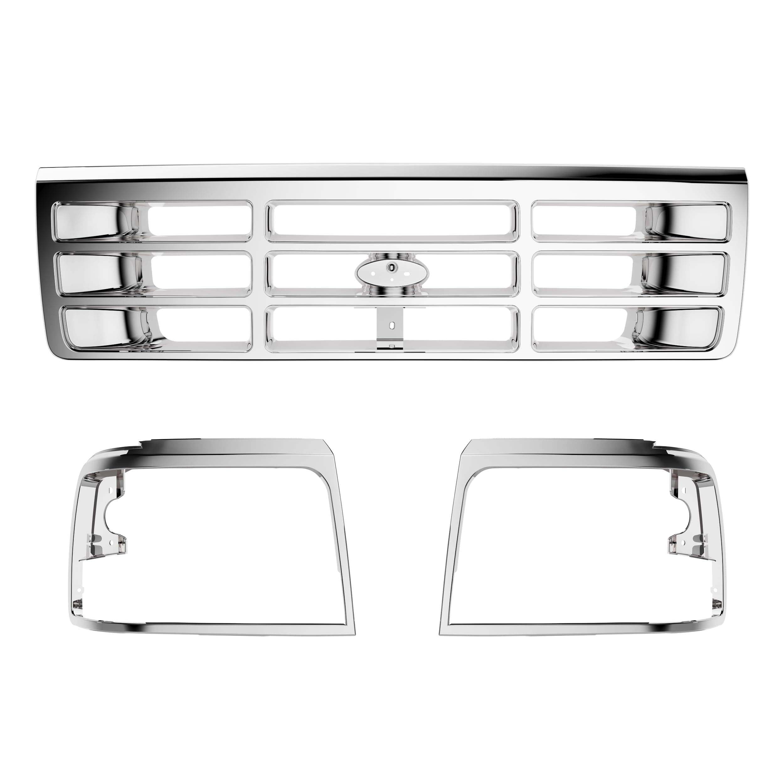 HECASA Front Grille & Headlight Bezel Compatible with 1992-1997 Ford Bronco F-150 F-250 HD F-350 Replacement for F4TZ8200A FO1200173 F2TZ13064D FO2512130 F2TZ13064C FO2513131 FO1200442 Chrome Silvery