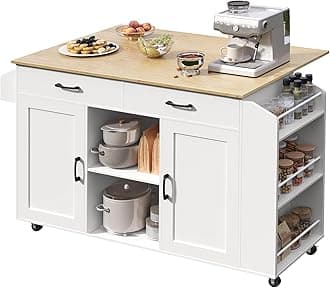 Kitchen Island with Storage, Mobile Portable Kitchen Table, Kitchen Island on Wheels with Drop Leaf, 52.8" Rolling Island, Spice Rack, Towel Rack, White and Natural KINW12801N1