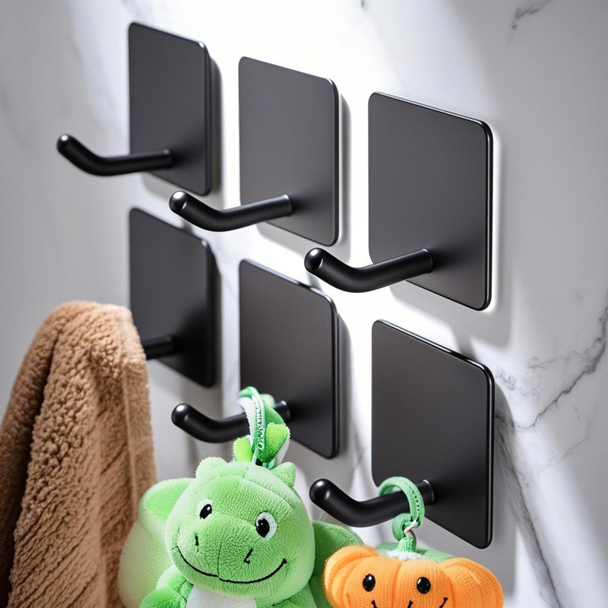 DELITON 6 Pack Towel Hooks for Hanging, Adhesive Hooks Stick on Wall for Bathroom Kitchen Heavy Duty Stainless Steel, Black