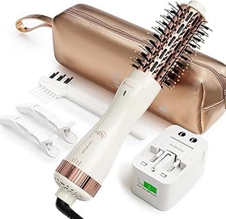 1.5 Inch Barrel (2.8’’ Plus Bristles) Dual Voltage(110~250V) Round Brush Blow Dryer, Hair Dryer Brush with European Plug Adapter, 4-in-1 Negative Ionic One Step Volumizer Dryer