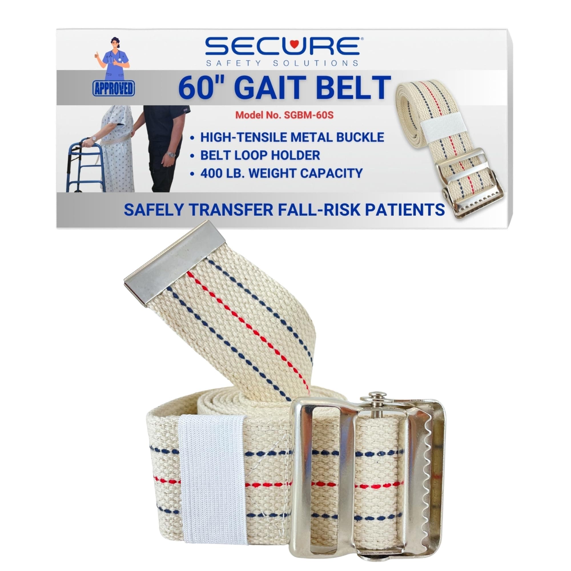 Secure Transfer Gait Belt w/ Metal Buckle & Belt Loop Holder, Beige - 60L x 2W - One Year Warranty by Secret