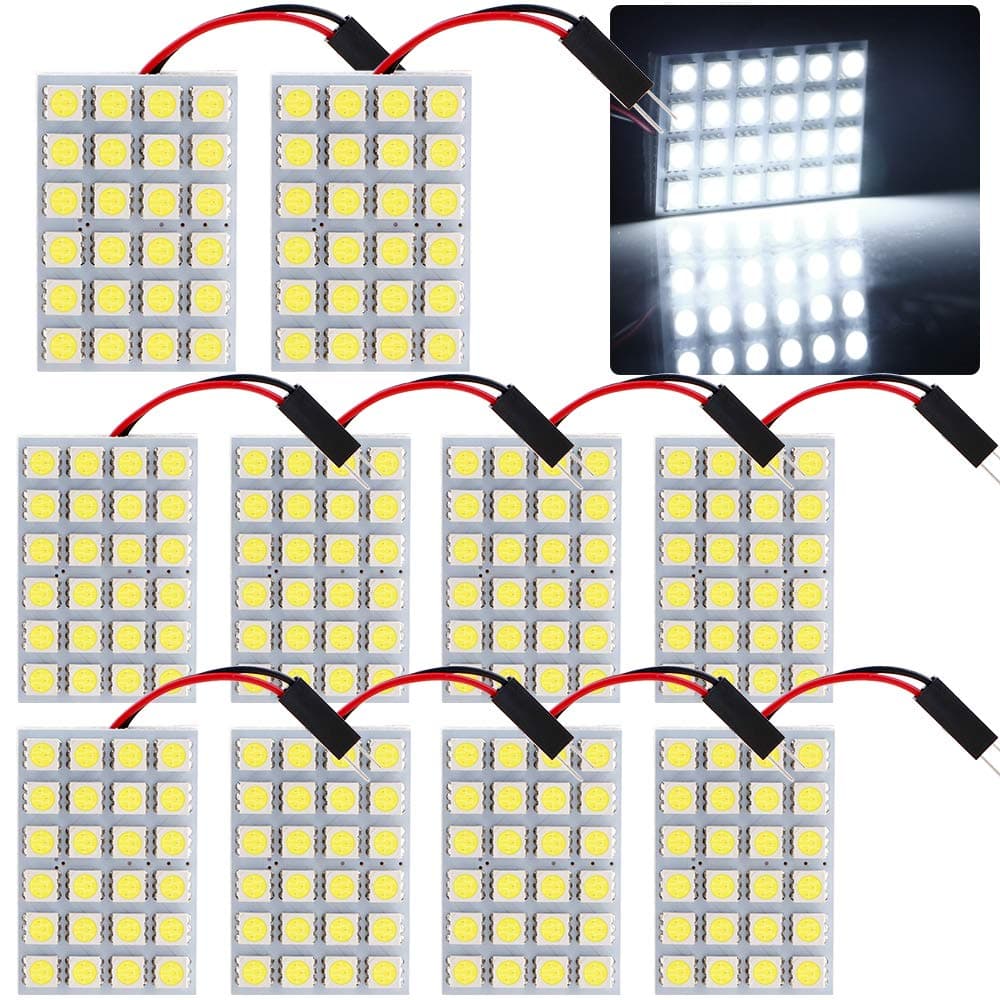GrandviewTM White 10-Pack 5050 24SMD LED Panel Dome Light Auto Car Reading Interior Lamp license plate light(DC-12V) + T10 BA9S Festoon Adapter