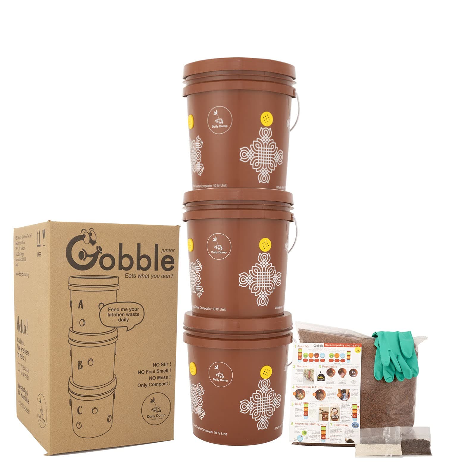 Daily Dump Gobble Junior Aerobic Compost Kit (10 litres x 3) I Easy & Smell Free I for Converting All Kinds of Kitchen Food Waste Into Fertilizer (Manure)