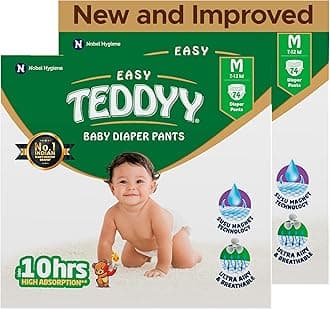 Easy Baby M Size Diaper Pant Style | 148 Count (Medium) | 7–12 kg (Pack of 2) | Long Protection Hours | Anti-Bacterial | Airy Breathable Fit | Rapid Soaker Channels with Wetness Indicator