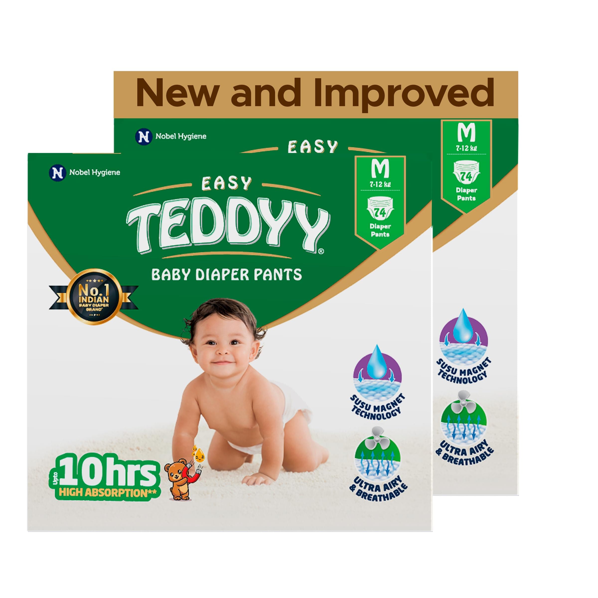 Easy Baby M Size Diaper Pant Style | 148 Count (Medium) | 7–12 kg (Pack of 2) | Long Protection Hours | Anti-Bacterial | Airy Breathable Fit | Rapid Soaker Channels with Wetness Indicator