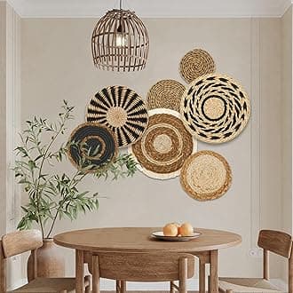KTCINA 7 Pcs Boho Wall Basket Decor 5 Size Wall Hanging Wicker Basket Handmade Rattan Woven Wall Decor Round Rattan Wicker Wall Decor Hanging Woven Baskets for Living Room Bedroom (7Pcs)
