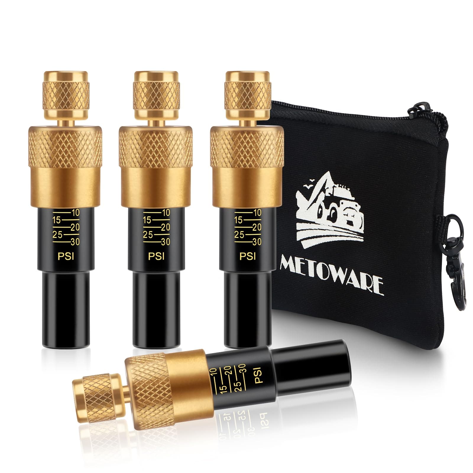METOWARE Adjustable Auto-Stop Tire Deflator Kit (10-30 PSI), 4 Pcs Brass Air Down Tool for Offroad 4x4 Accessories, Quick Air Release System for Trucks, SUVs, UTVs, Overlanding Gear with Bag