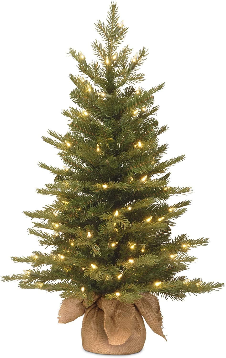 Pre-Lit 'Feel Real' Artificial Mini Christmas Tree, Green, Nordic Spruce, White Lights, Includes Burlap Bag Base, 3 Feet