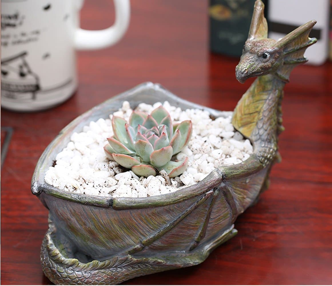 Creative Dragon Shaped Flower Pots Resin with Hole Small Potted Succulent Planters Vase Bowl Rustic Fairy Garden Design Home Tabletop Storage Decor Unique Crafts Garden Ornament